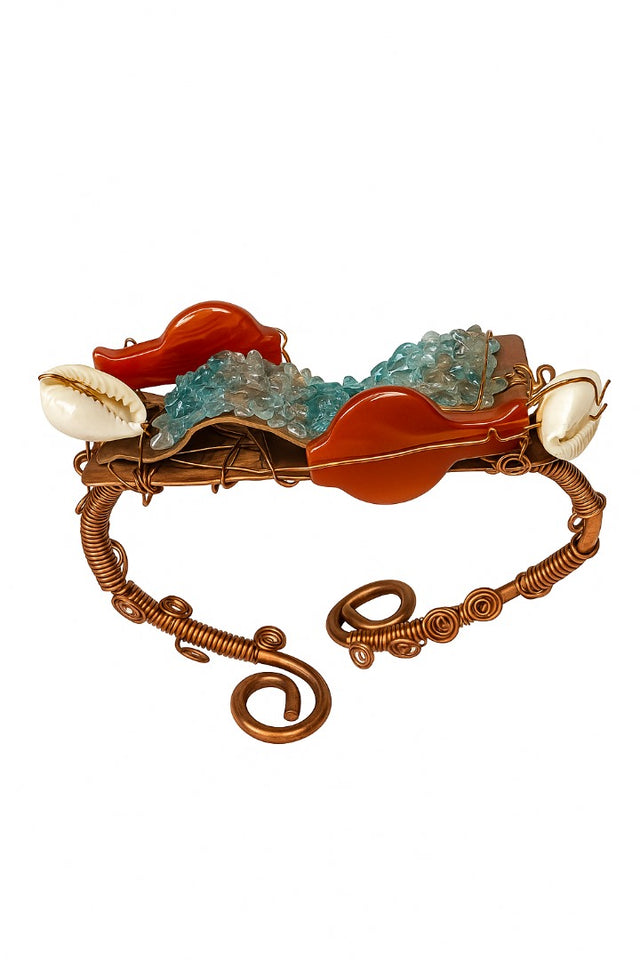 Copper bracelet & ring - Carnelian fish, blue topaz chips, cowrie shell & sea shell