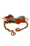 Copper bracelet & ring - Carnelian fish, blue topaz chips, cowrie shell & sea shell