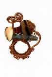 Copper bracelet & ring - Carnelian fish, blue topaz chips, cowrie shell & sea shell