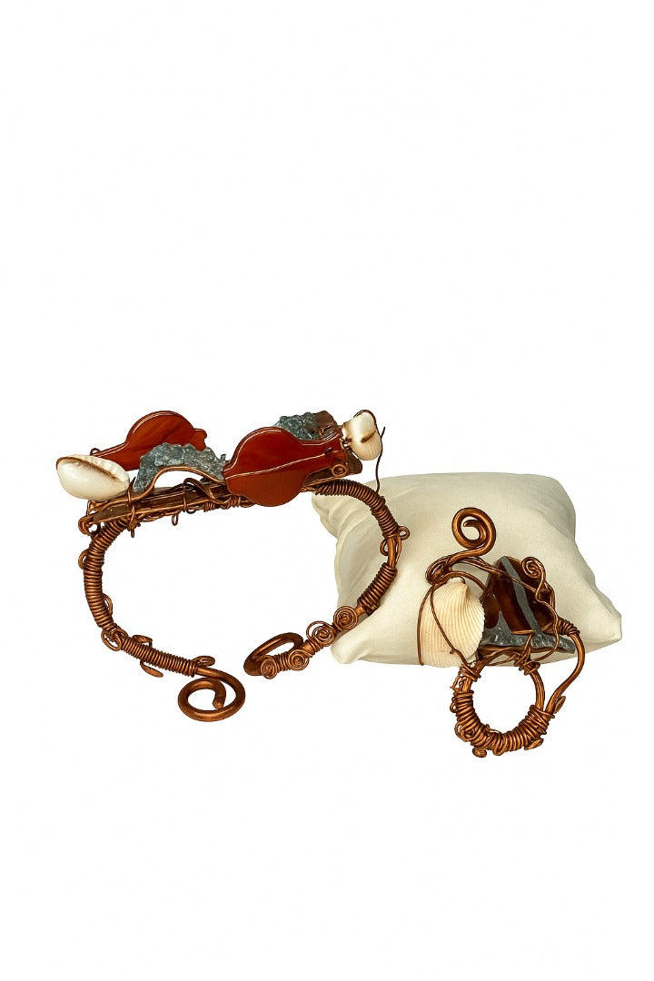 Copper bracelet & ring - Carnelian fish, blue topaz chips, cowrie shell & sea shell