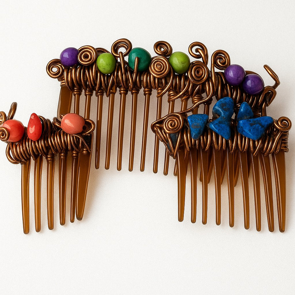 Pink Coral hair comb Lapis Lazuli hair comb Pink & purple dyed howolite large hair comb Set