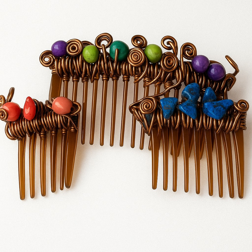 Pink Coral hair comb Lapis Lazuli hair comb Pink & purple dyed howolite large hair comb Set