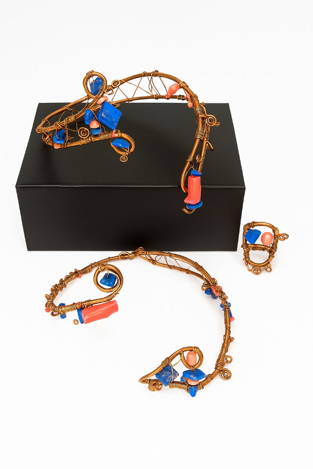 Copper w/ pink coral & lapis lazuli arm cuff, leg cuff & ring
