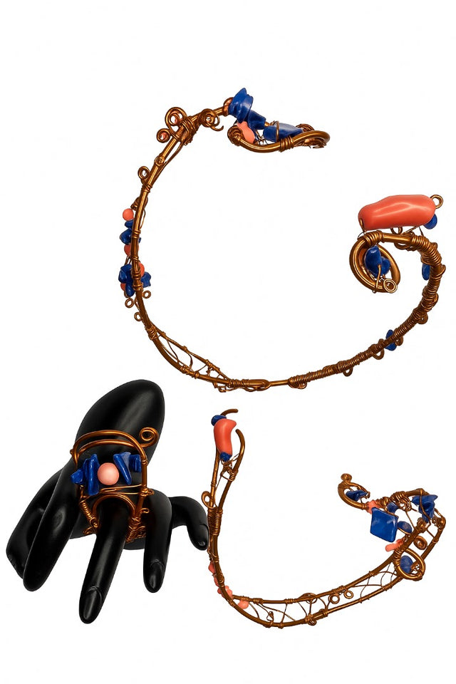 Copper w/ pink coral & lapis lazuli arm cuff, leg cuff & ring