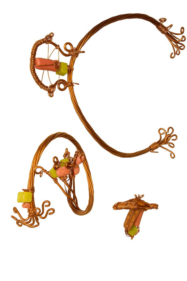 Pink Coral & jade copper choker w/ ring & bracelet SET