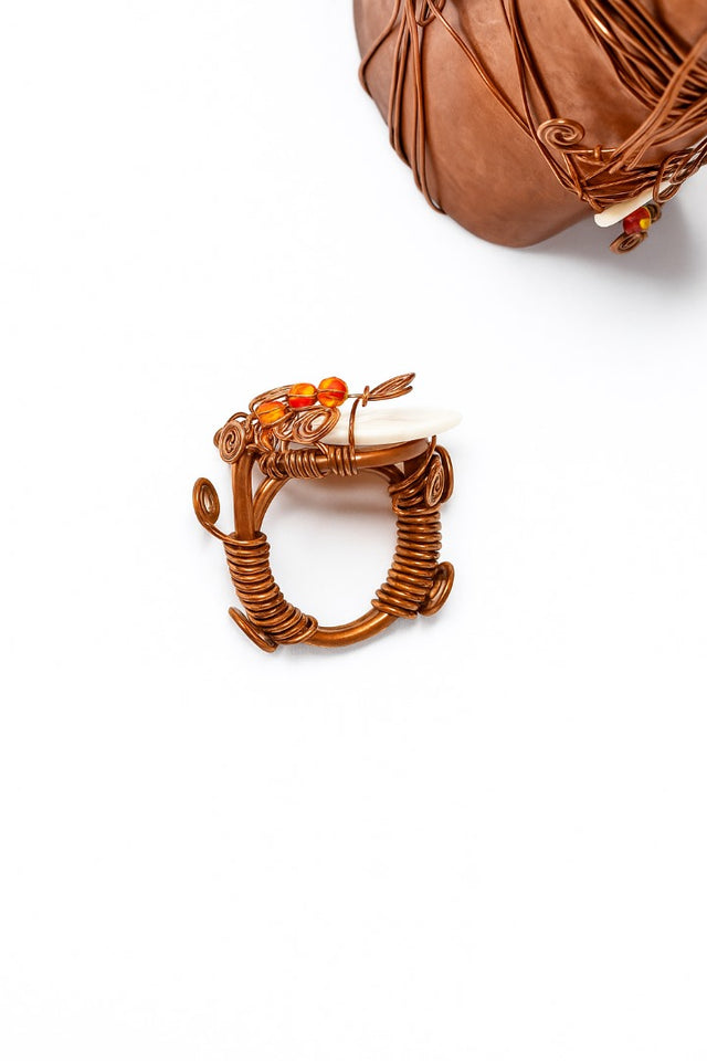 Copper Cuff bracelet & Ring - Mother of Pearl & Swarovski SET