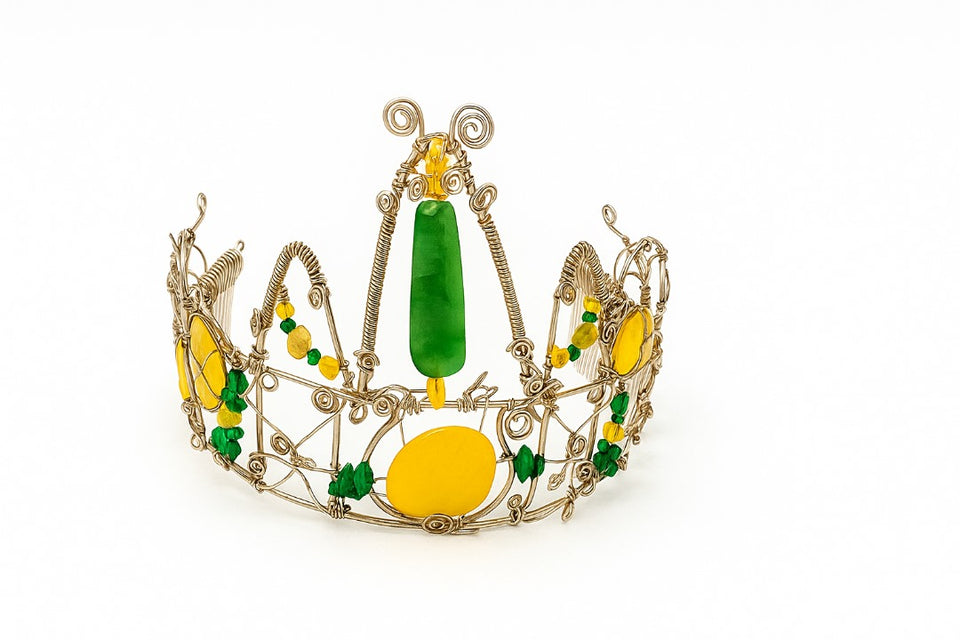 Crown, neck choker & bracelet - Sterling Silver - Yellow dyed Jade, Green African Jade, Green Aventurine & Swarovski