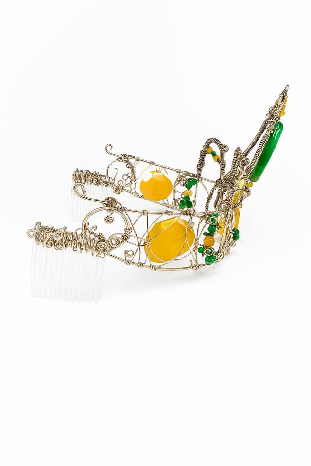 Crown, neck choker & bracelet - Sterling Silver - Yellow dyed Jade, Green African Jade, Green Aventurine & Swarovski
