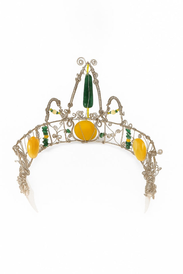 Crown, neck choker & bracelet - Sterling Silver - Yellow dyed Jade, Green African Jade, Green Aventurine & Swarovski