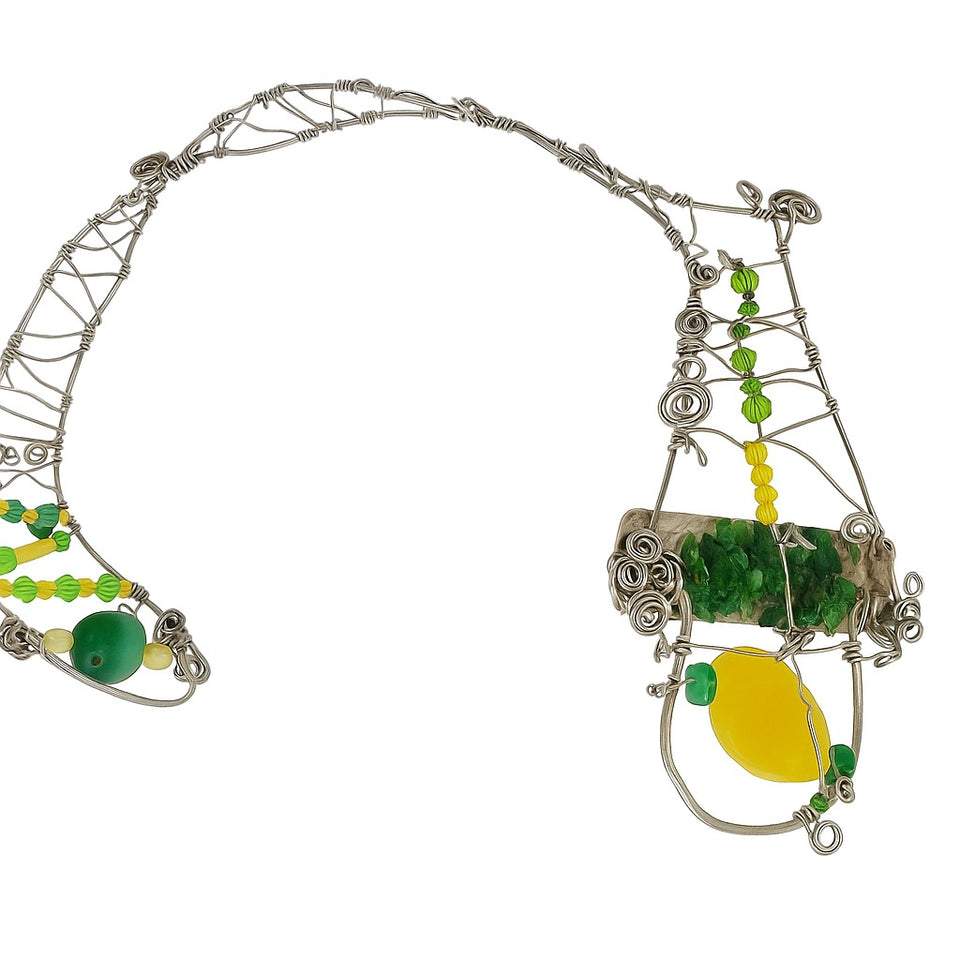 Crown, neck choker & bracelet - Sterling Silver - Yellow dyed Jade, Green African Jade, Green Aventurine & Swarovski