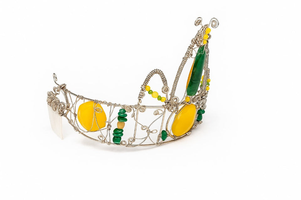 Crown, neck choker & bracelet - Sterling Silver - Yellow dyed Jade, Green African Jade, Green Aventurine & Swarovski