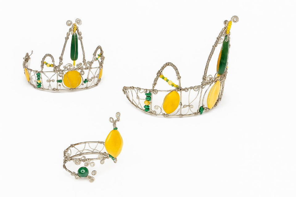 Crown, neck choker & bracelet - Sterling Silver - Yellow dyed Jade, Green African Jade, Green Aventurine & Swarovski