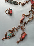 Pink coral and blue topaz chips belt & ring  w/ Swarovski