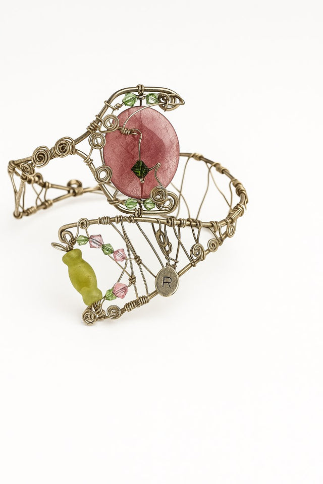 pink dyed jade with pink & blue Swarovski / Pink dyed jade with green serpentine sterling