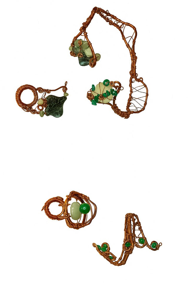 Malachite Jade & copper wrap bracelet  w/ring SECOND SET