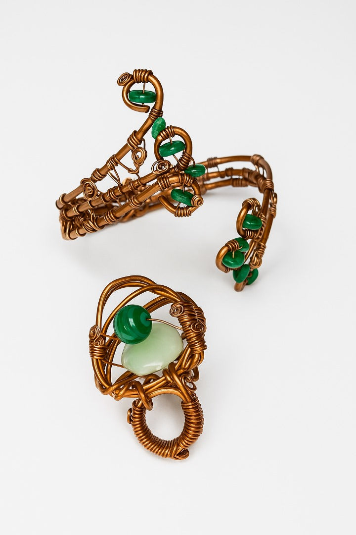 Malachite Jade & copper wrap bracelet  w/ring First SET