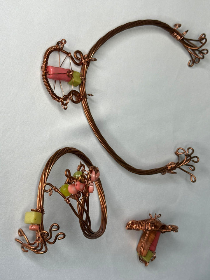 Pink Coral & jade copper choker w/ ring & bracelet SET