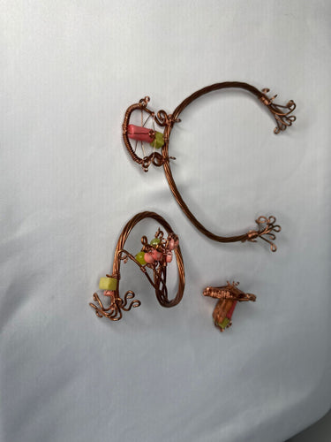 Pink Coral & jade copper choker w/ ring & bracelet SET