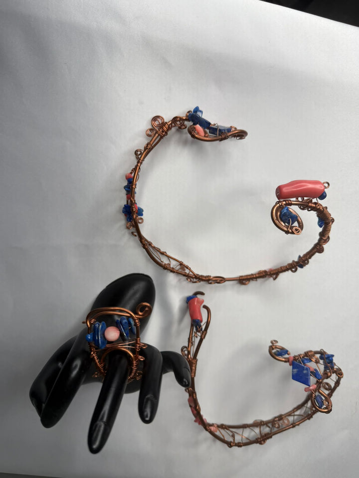 Copper w/ pink coral & lapis lazuli arm cuff, leg cuff & ring