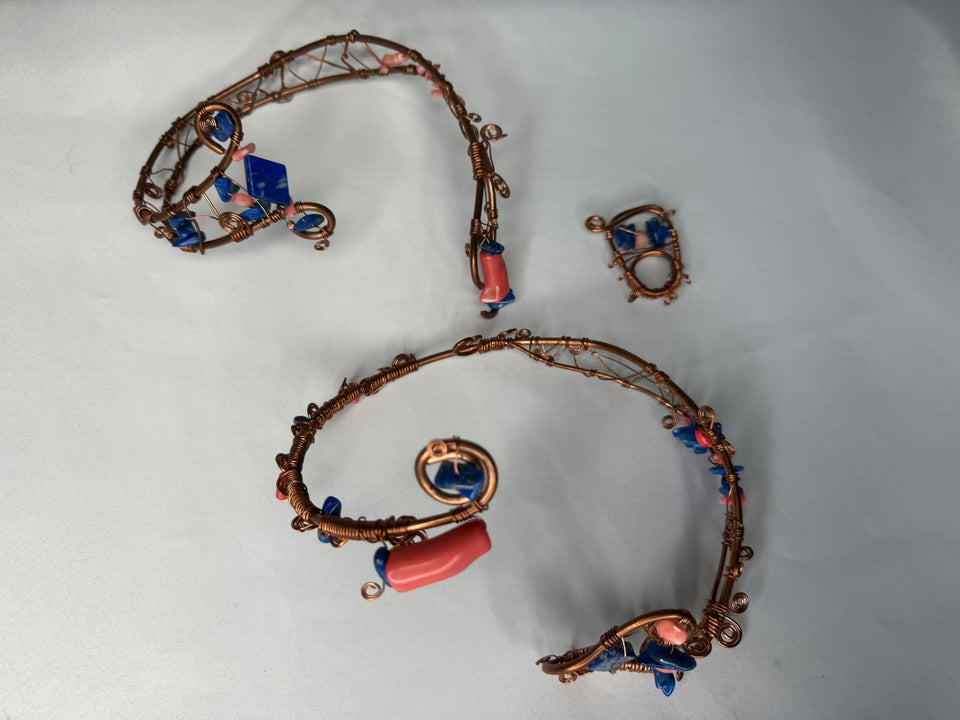 Copper w/ pink coral & lapis lazuli arm cuff, leg cuff & ring