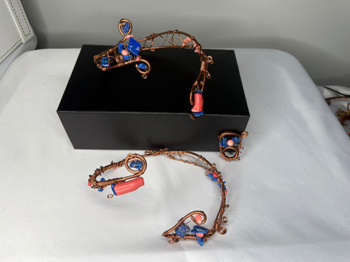Copper w/ pink coral & lapis lazuli arm cuff, leg cuff & ring