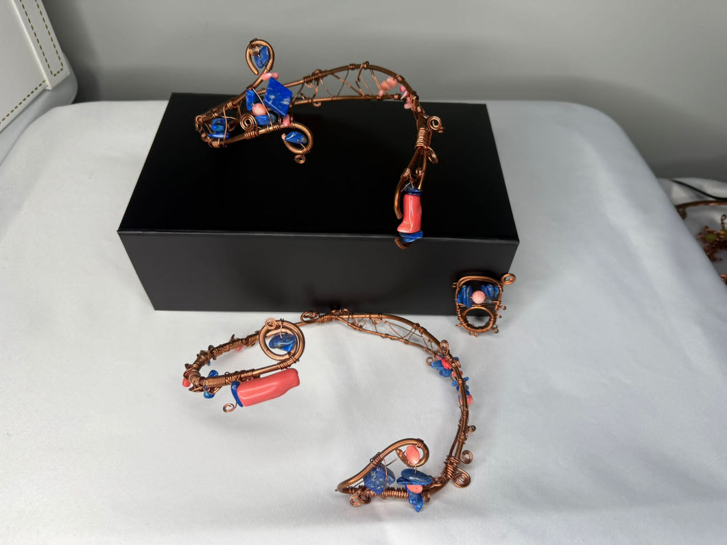 Copper w/ pink coral & lapis lazuli arm cuff, leg cuff & ring