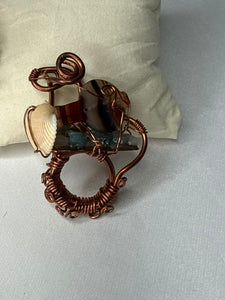 Copper bracelet & ring - Carnelian fish, blue topaz chips, cowrie shell & sea shell