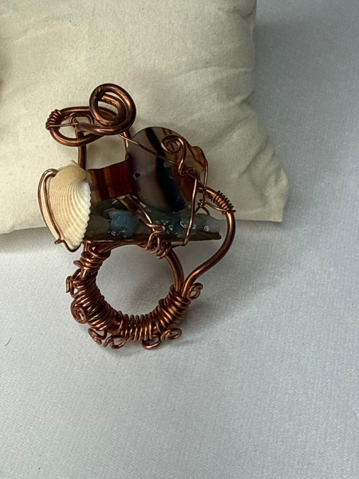 Copper bracelet & ring - Carnelian fish, blue topaz chips, cowrie shell & sea shell
