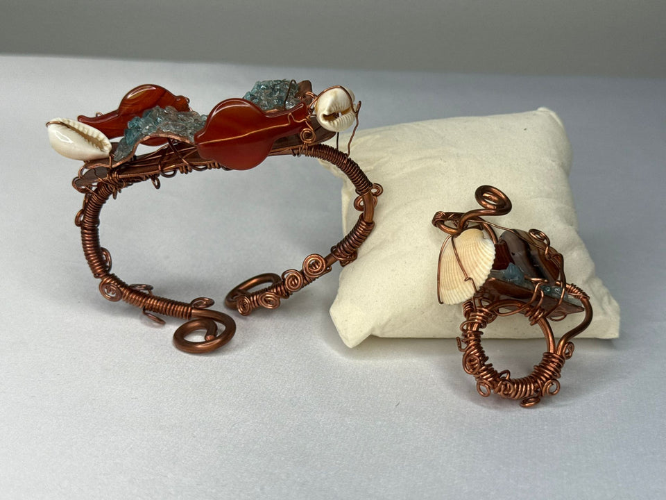 Copper bracelet & ring - Carnelian fish, blue topaz chips, cowrie shell & sea shell