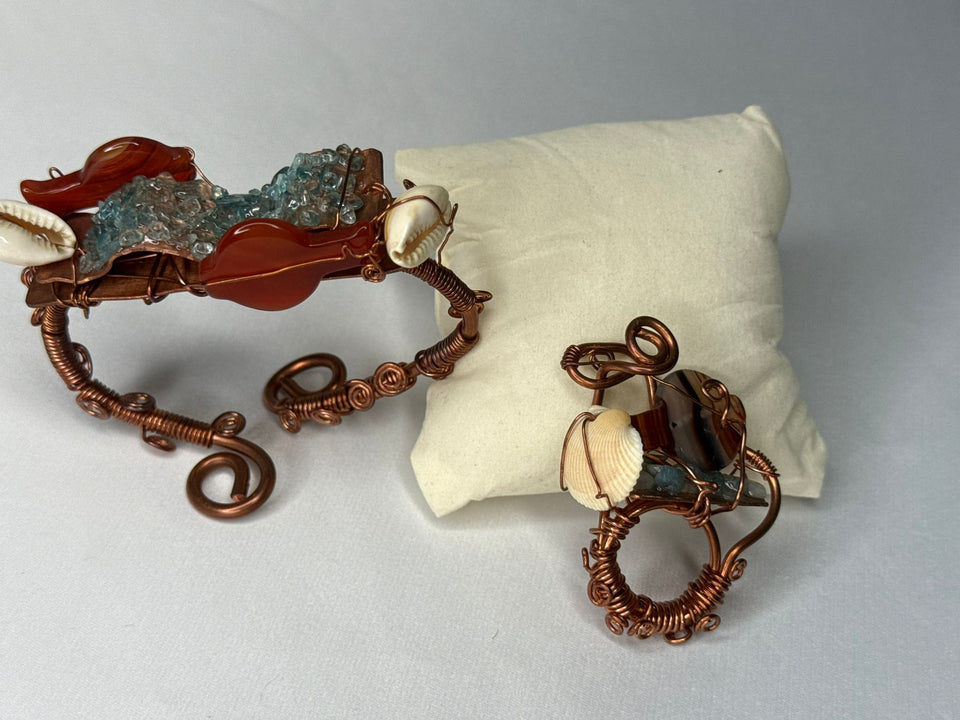 Copper bracelet & ring - Carnelian fish, blue topaz chips, cowrie shell & sea shell