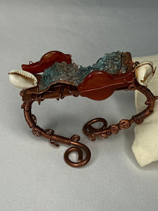Copper bracelet & ring - Carnelian fish, blue topaz chips, cowrie shell & sea shell