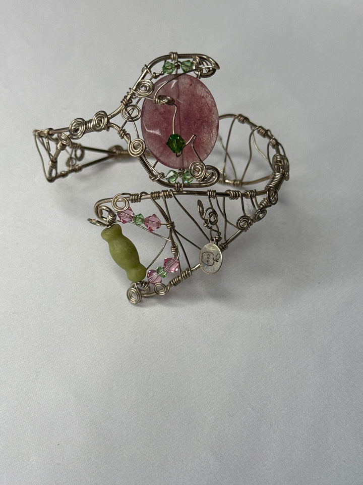 pink dyed jade with pink & blue Swarovski / Pink dyed jade with green serpentine sterling