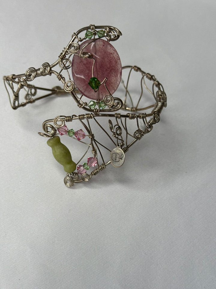 pink dyed jade with pink & blue Swarovski / Pink dyed jade with green serpentine sterling