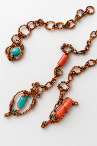 Pink coral and blue topaz chips belt & ring  w/ Swarovski