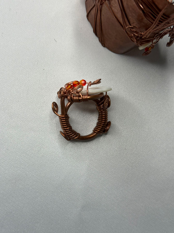 Copper Cuff bracelet & Ring - Mother of Pearl & Swarovski SET
