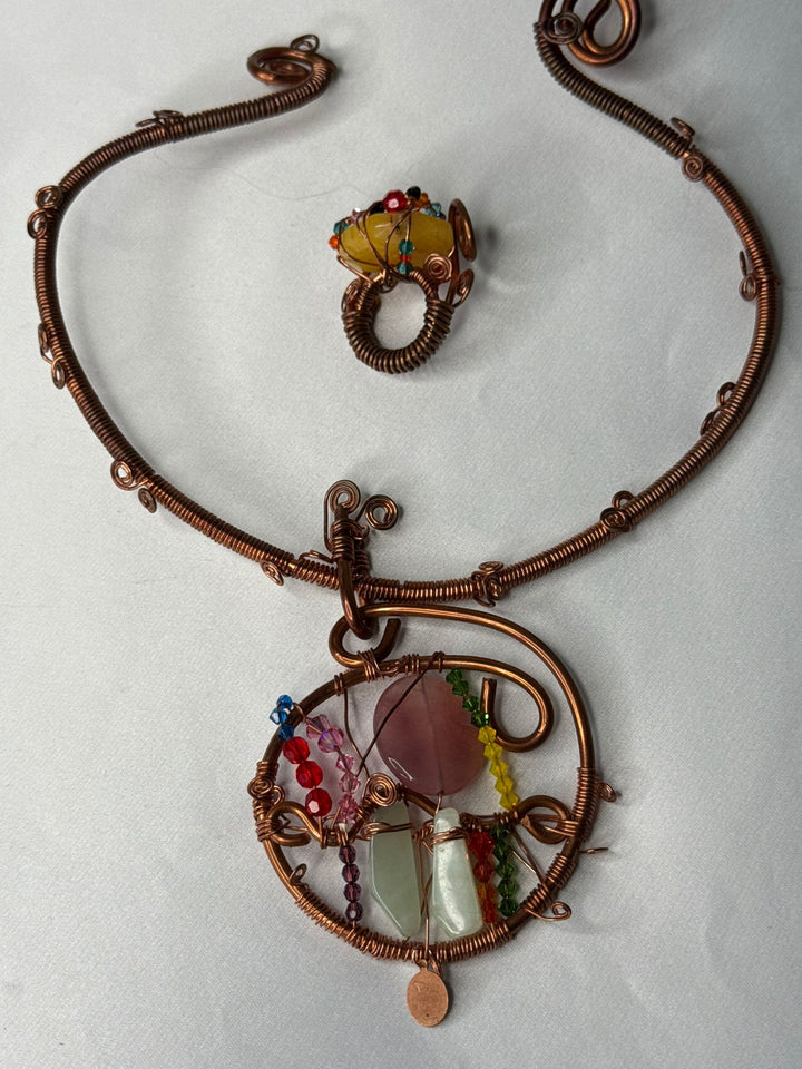 Copper w/ green & pink dyed jade Swarovski choker - Copper w/ Yellow dyed jade  Swarovski