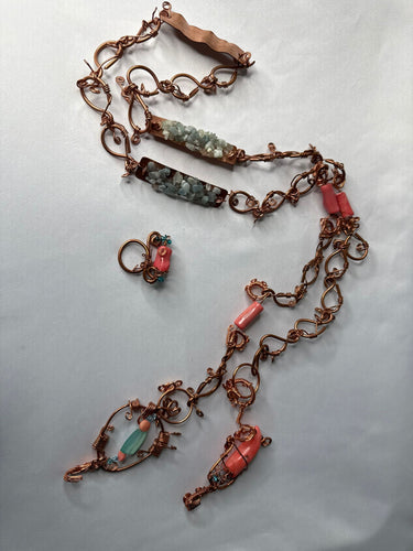 Pink coral and blue topaz chips belt & ring  w/ Swarovski