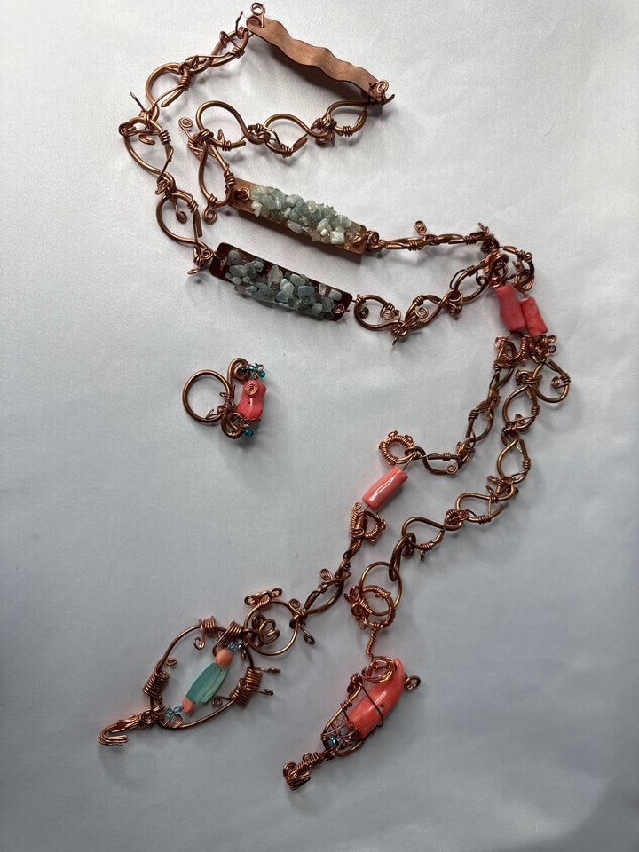 Pink coral and blue topaz chips belt & ring  w/ Swarovski