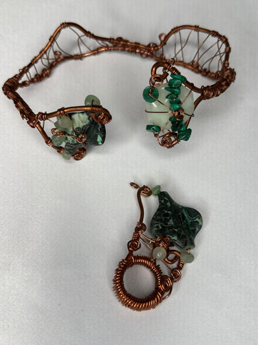 Malachite Jade & copper wrap bracelet  w/ring First SET