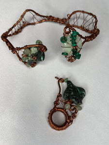 Malachite Jade & copper wrap bracelet  w/ring First SET