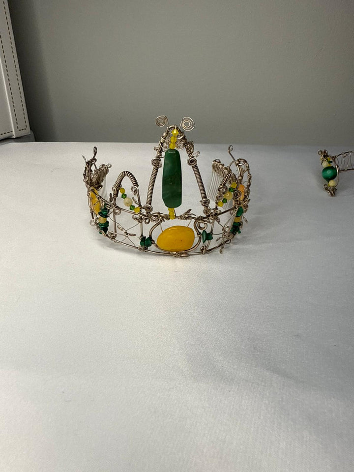 Crown, neck choker & bracelet - Sterling Silver - Yellow dyed Jade, Green African Jade, Green Aventurine & Swarovski