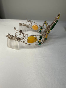 Crown, neck choker & bracelet - Sterling Silver - Yellow dyed Jade, Green African Jade, Green Aventurine & Swarovski