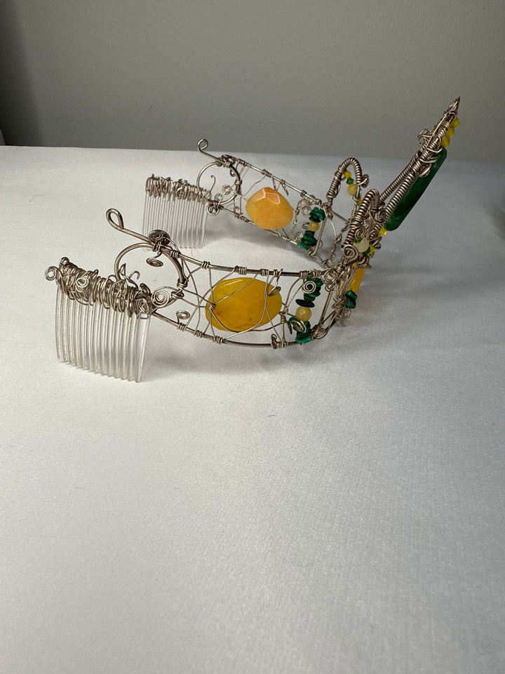 Crown, neck choker & bracelet - Sterling Silver - Yellow dyed Jade, Green African Jade, Green Aventurine & Swarovski