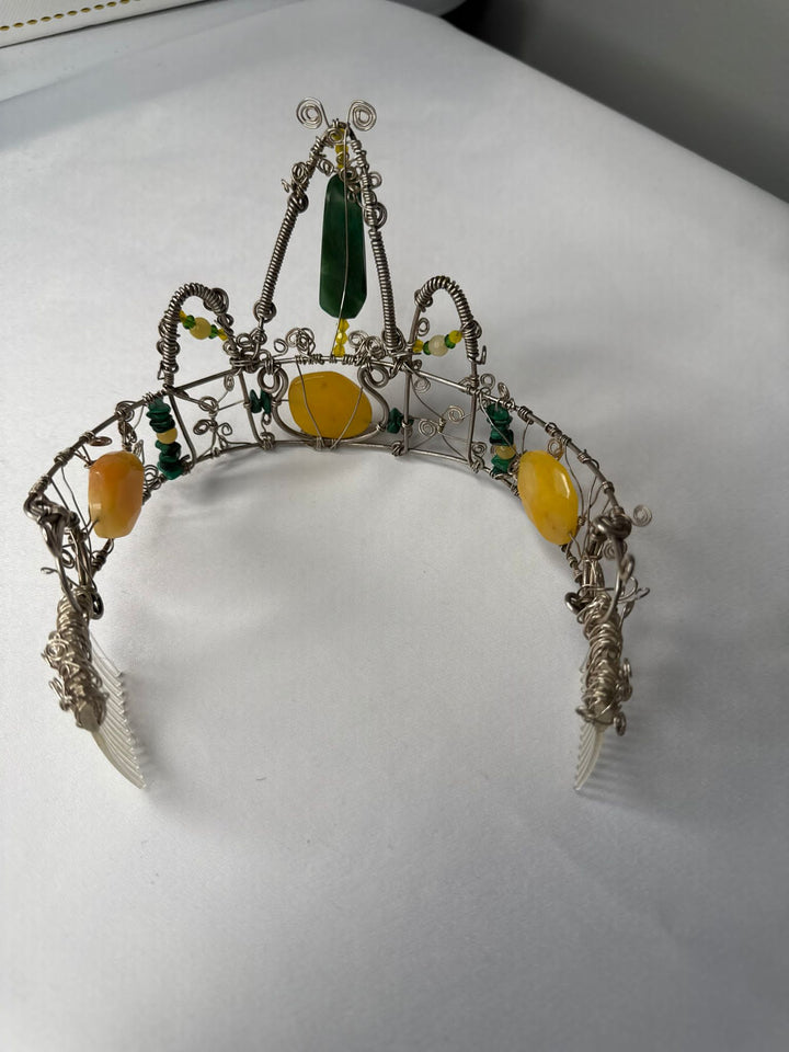Crown, neck choker & bracelet - Sterling Silver - Yellow dyed Jade, Green African Jade, Green Aventurine & Swarovski