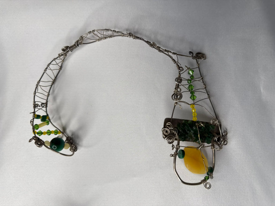 Crown, neck choker & bracelet - Sterling Silver - Yellow dyed Jade, Green African Jade, Green Aventurine & Swarovski