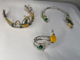 Crown, neck choker & bracelet - Sterling Silver - Yellow dyed Jade, Green African Jade, Green Aventurine & Swarovski