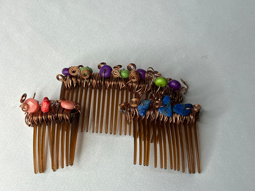Pink Coral hair comb Lapis Lazuli hair comb Pink & purple dyed howolite large hair comb Set